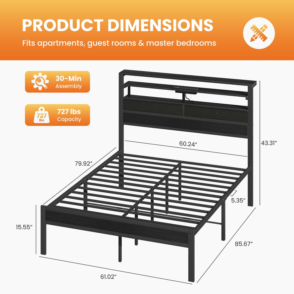 Queen Bed Frame with LED Lights and Charging Station J57703