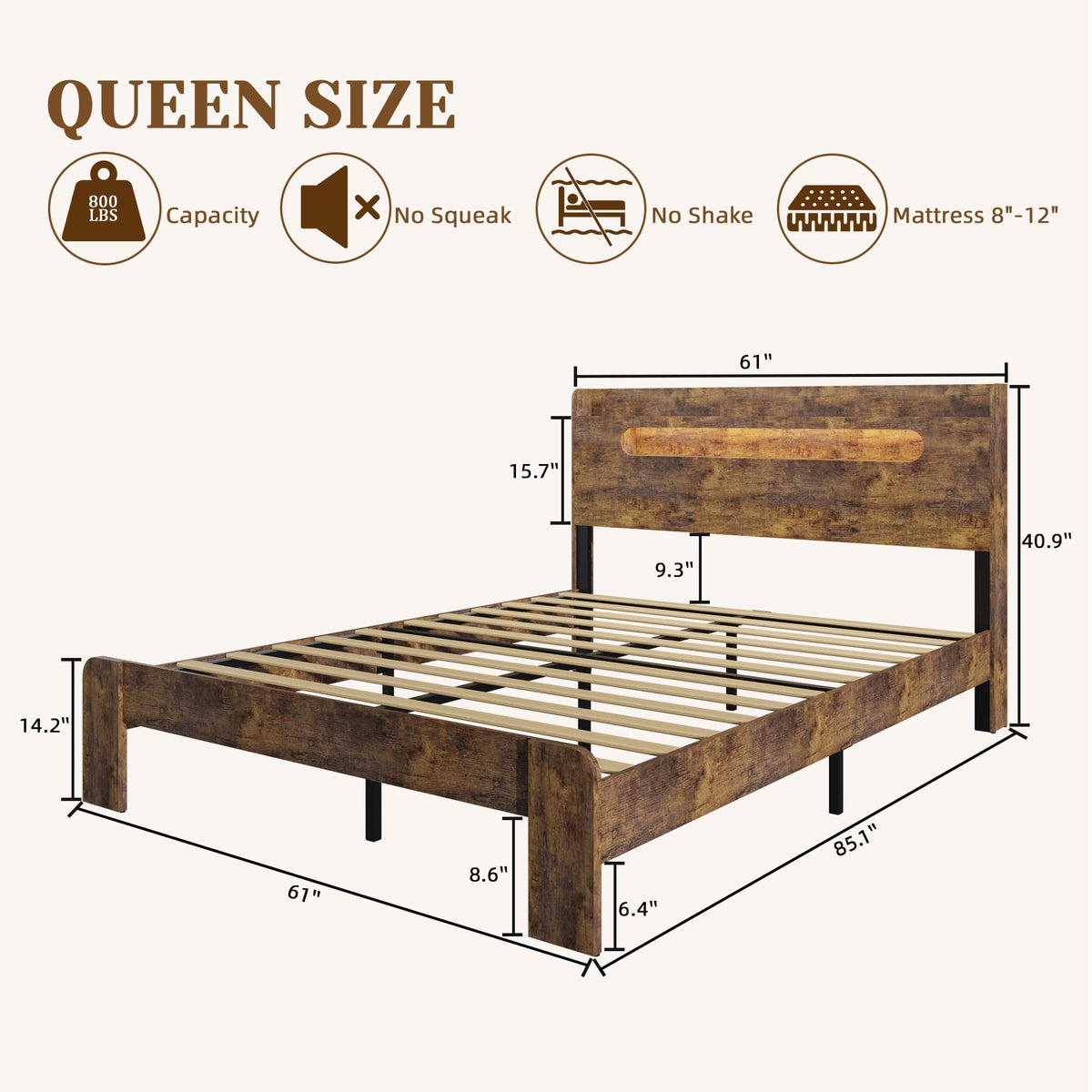 Queen Size Wood Bed Frame with Storage Headboard S994558