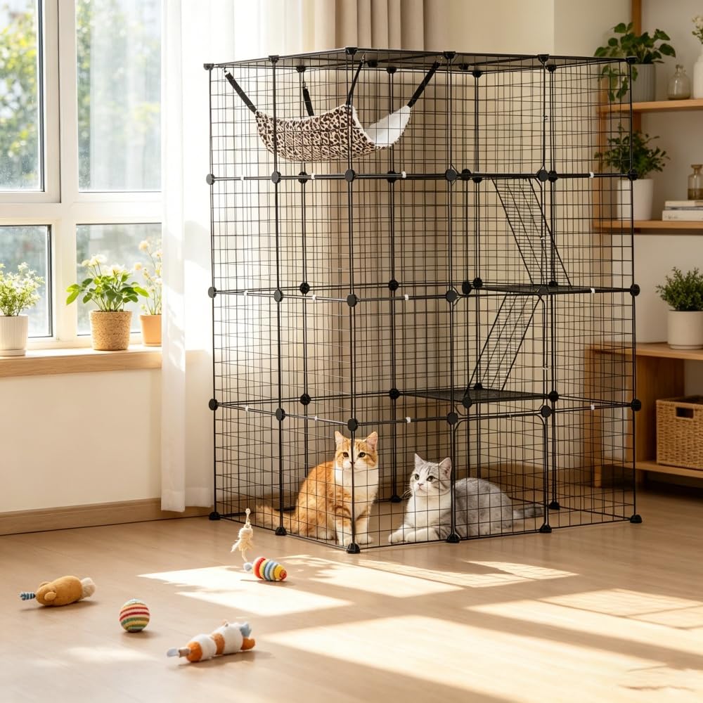 4-Tier Metal Wire Cat Cage with Hammock, Platforms & Ramps, Black L612056