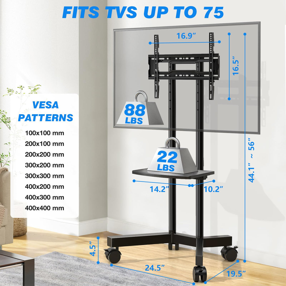 Rolling TV Stand with Laptop Shelf, Height Adjustable up to 88lbs K91466