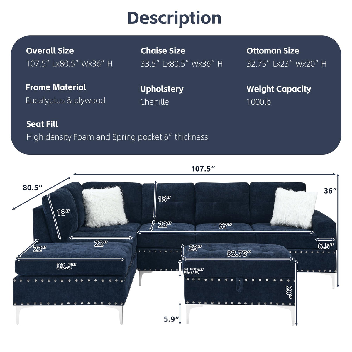 108'' Chenille Navy Blue L-Shaped Sectional Sofa with Storage Ottoman Z80271