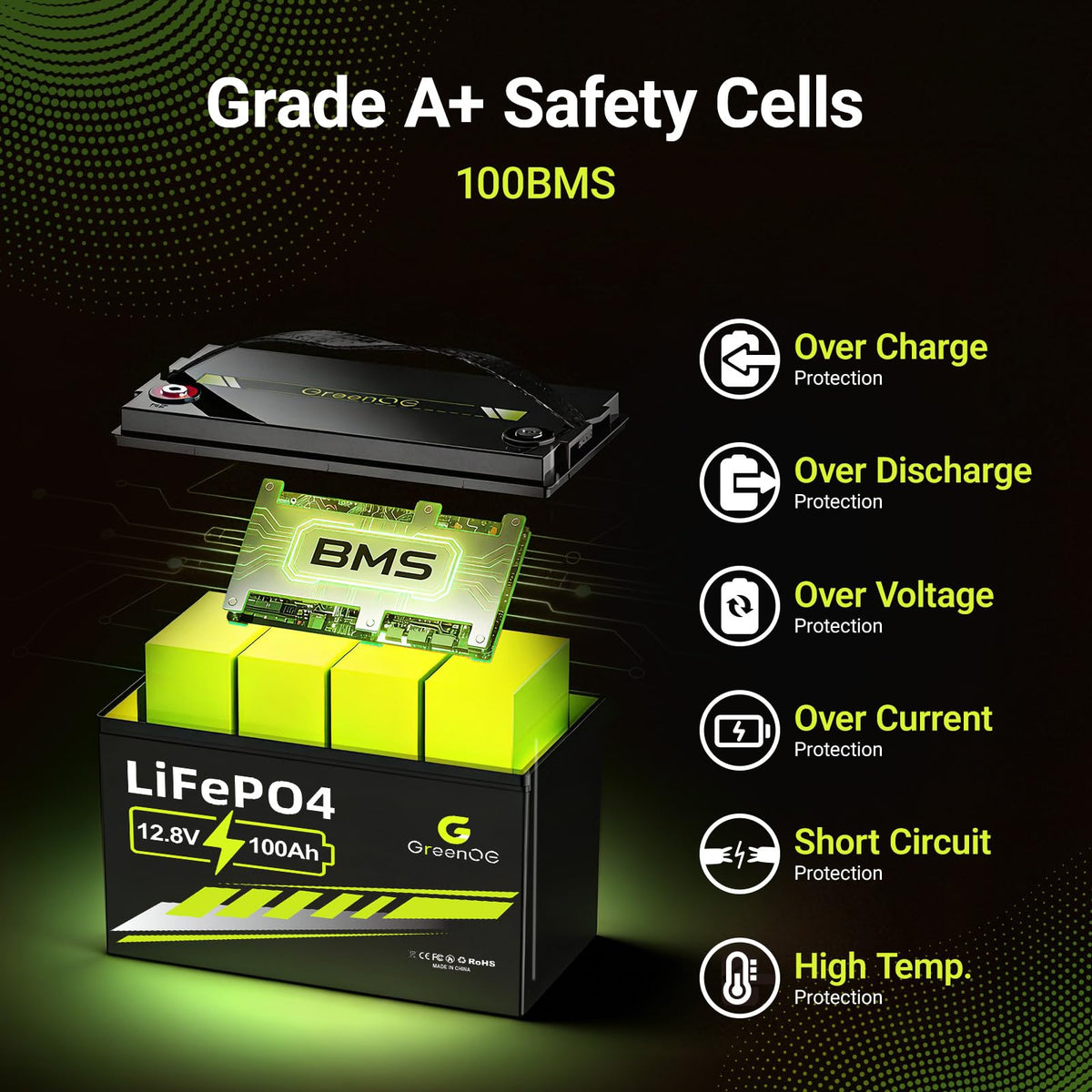 12V 100Ah LiFePO4 Deep Cycle Battery with 100A BMS H8342