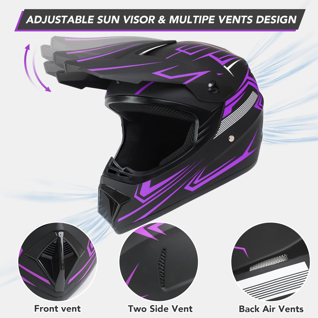 Kids Full Face Motocross Helmet 4-Pcs Set DOT Approved Purple X-Large L785