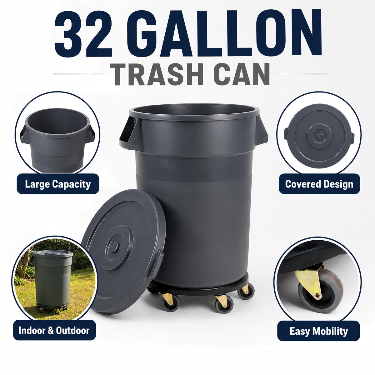 32 Gallon Trash Can with Wheels and Lid, 2 Pack J908
