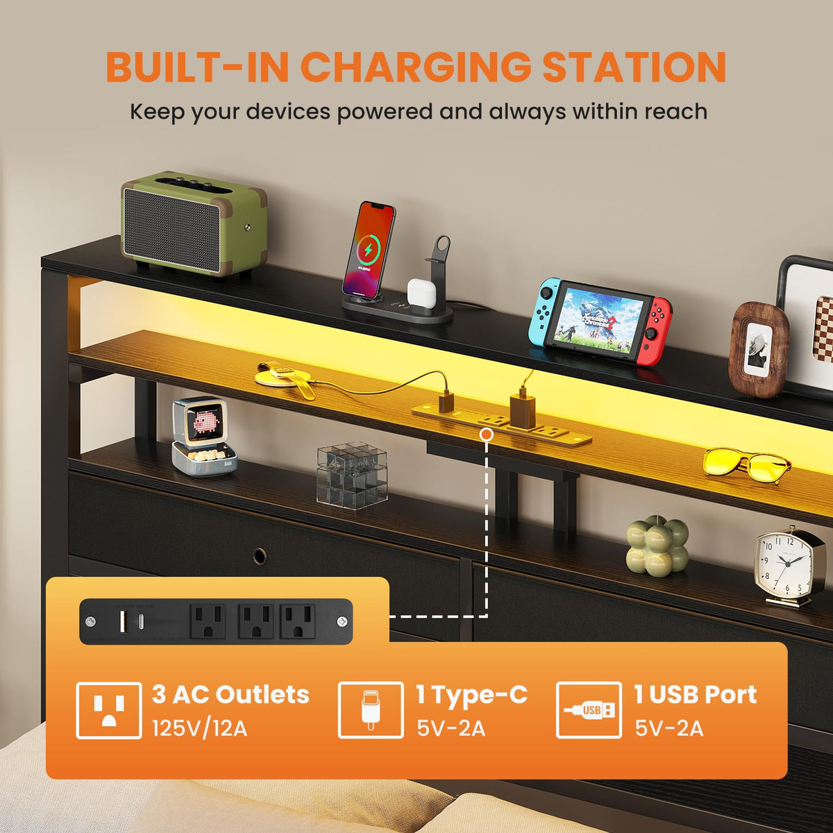 Queen Bed Frame with LED Lights and Charging Station J57703