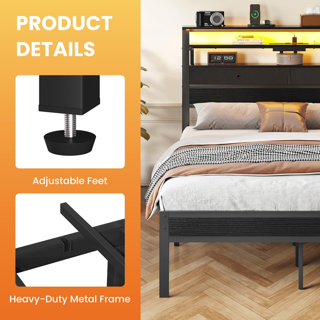 Queen Bed Frame with LED Lights and Charging Station J57703