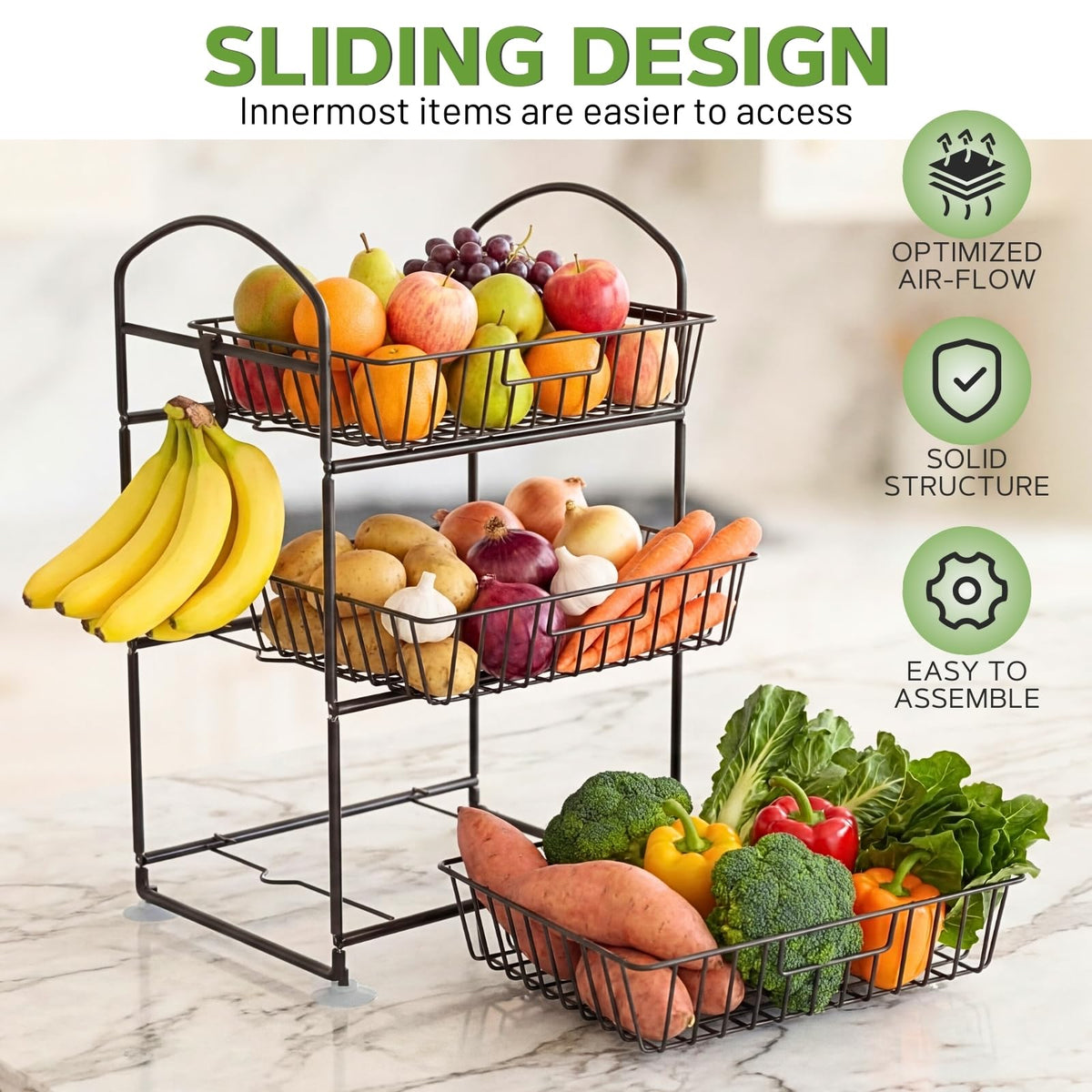 3 Tier Metal Fruit Basket with Banana Hangers H645540