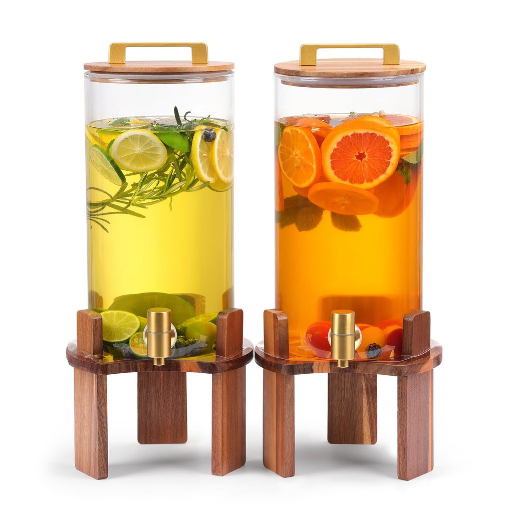 2 PCS 1.5 Gallon Glass Drink Dispenser with Wood Stand and Spigot N14689