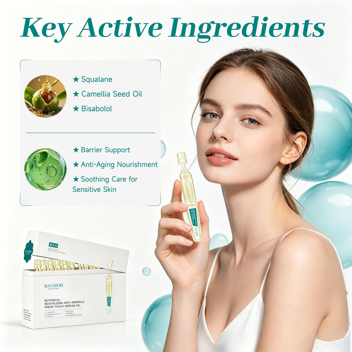 Anti-Aging Face Oil Serum Ampoules with Squalane, Camellia, Jojoba & Meadowfoam Seed Oil, 1ml x 30 I940679