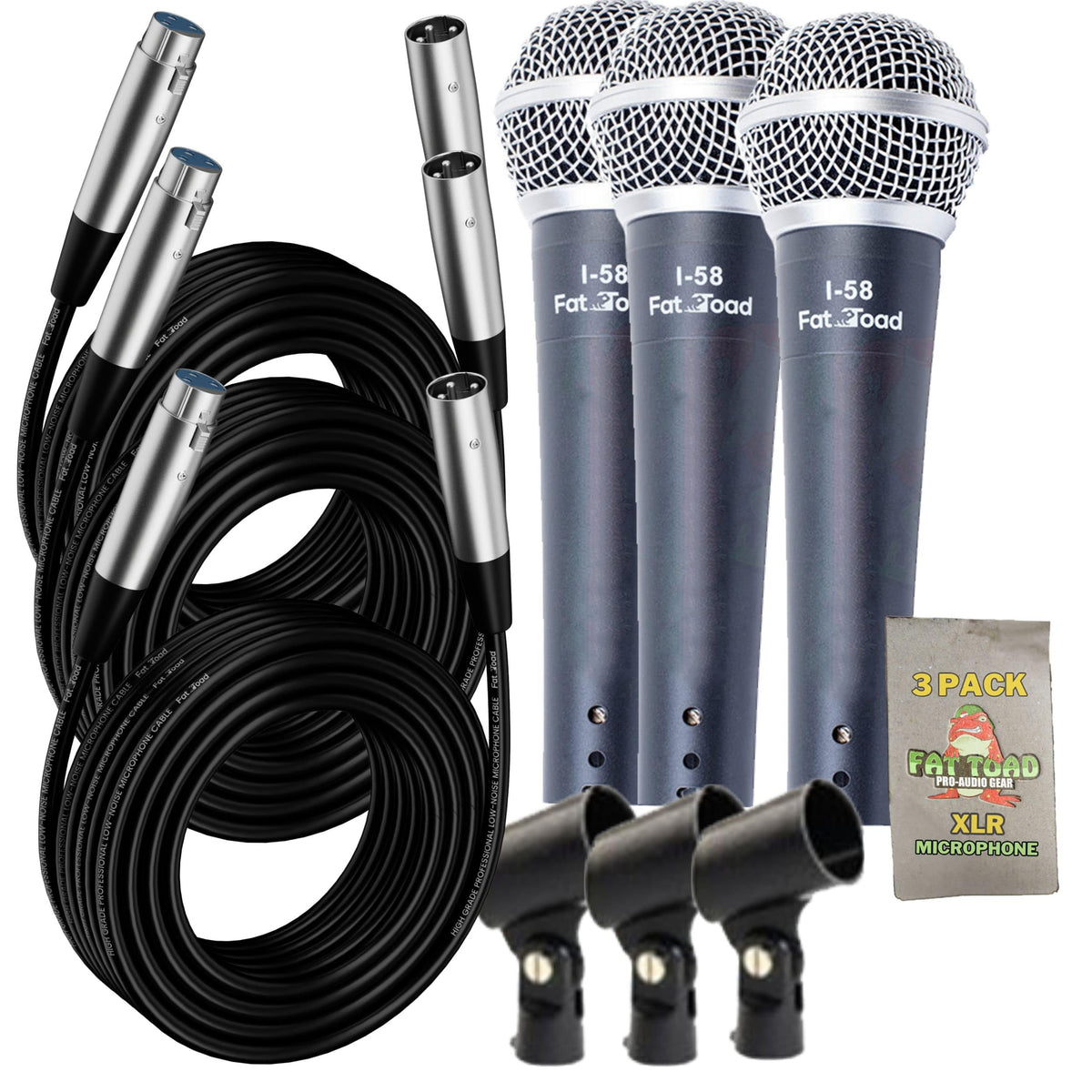 Cardioid Dynamic Handheld Microphones 3-Pack with Clips & XLR Cables I744858