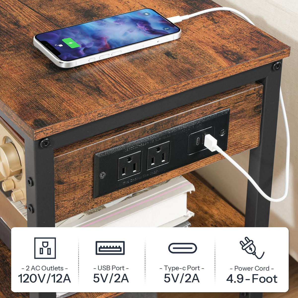 Charging Station End Table with 3 Tier Storage Shelf N323595