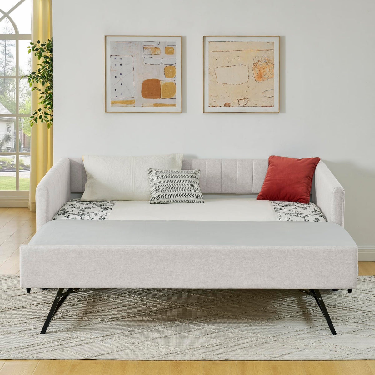 Beige Linen Twin Size Upholstered Daybed with Trundle and Headboard Z788