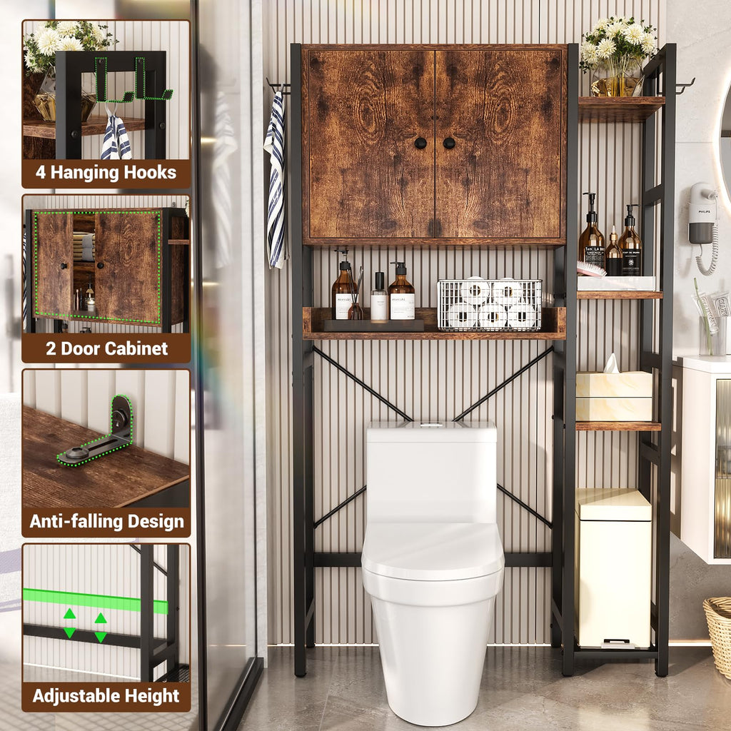 Over The Toilet Storage Cabinet with Doors, 7 Tier Bathroom Organizer with Adjustable Shelf J23970