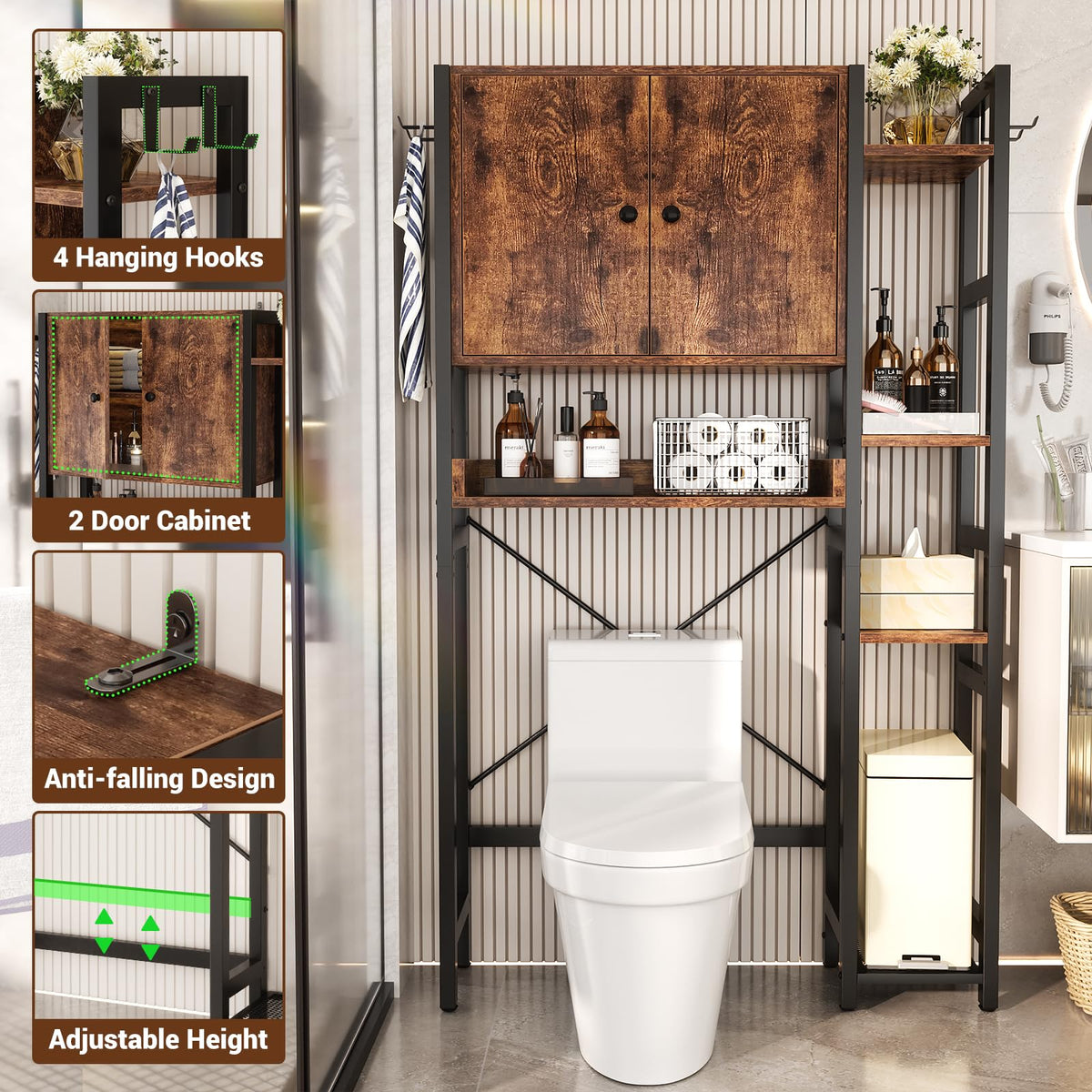 Over The Toilet Storage Cabinet with Doors, 7 Tier Bathroom Organizer with Adjustable Shelf J23970