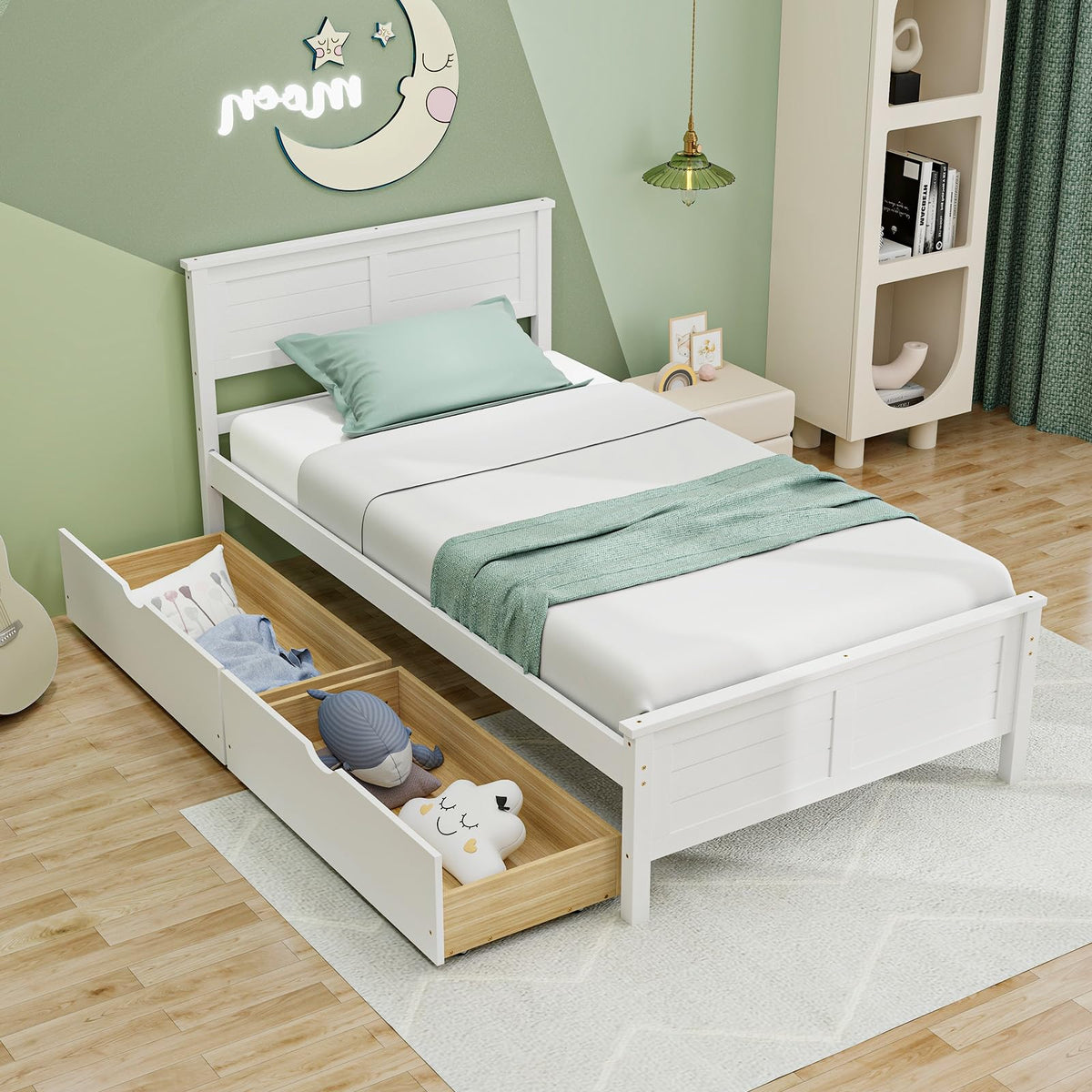 White Wood Twin Bed with 2 Storage Drawers G726