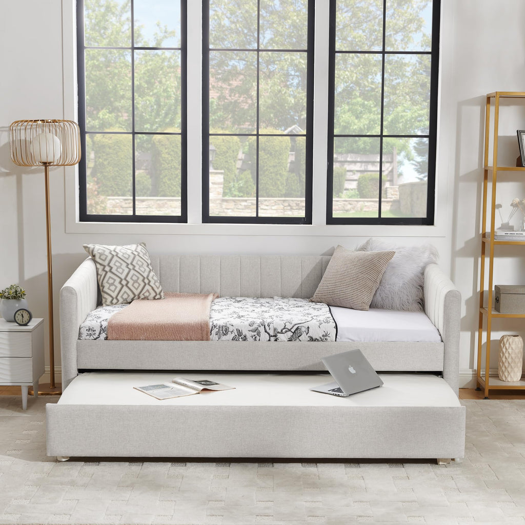 Beige Linen Twin Size Upholstered Daybed with Trundle and Headboard Z788