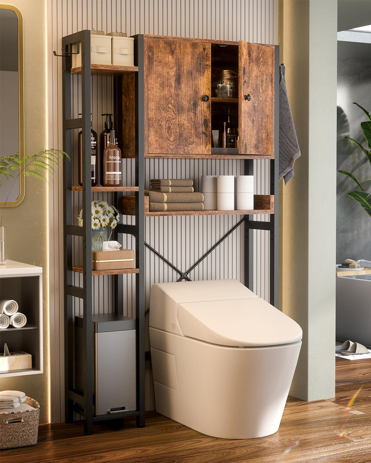 Over The Toilet Storage Cabinet with Doors, 7 Tier Bathroom Organizer with Adjustable Shelf J23970