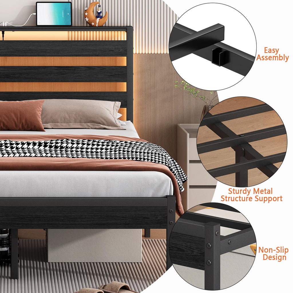 14 Inch Metal Platform Bed Frame with Headboard and USB Charging Station M167578