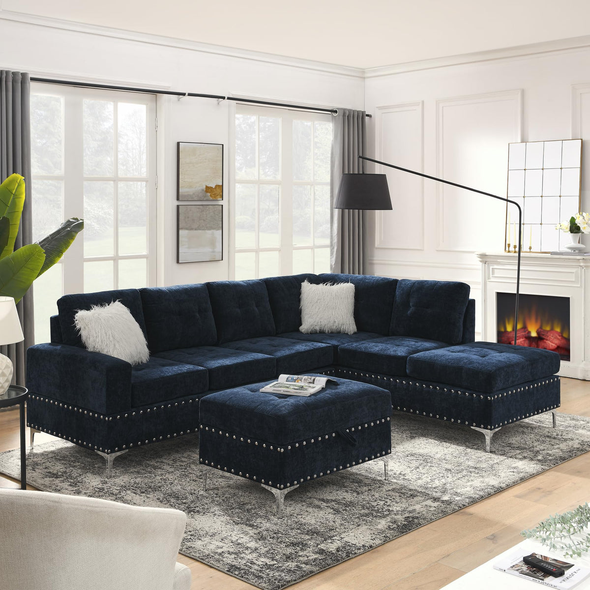 108'' Chenille Navy Blue L-Shaped Sectional Sofa with Storage Ottoman Z80271