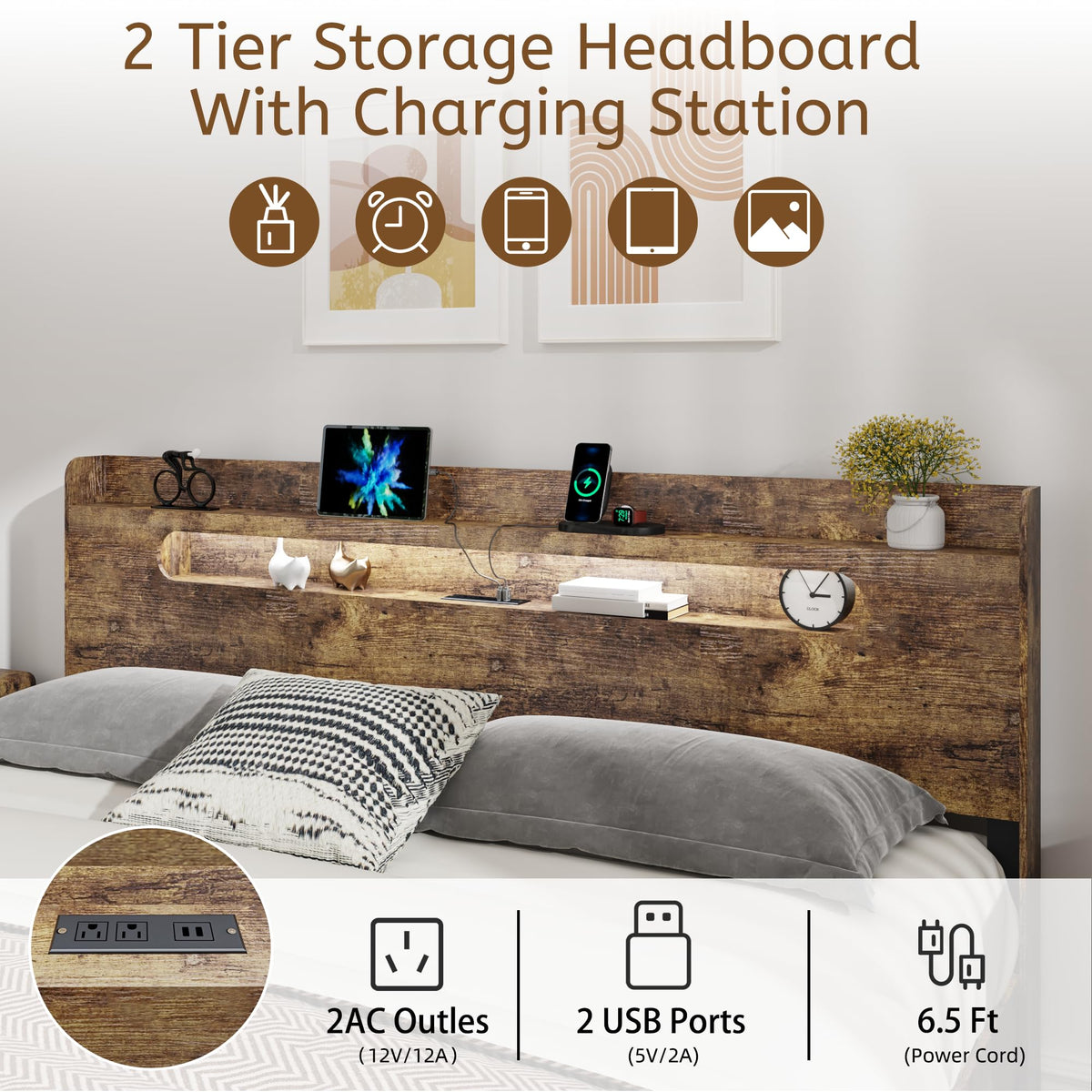 Queen Size Wood Bed Frame with Storage Headboard S994558