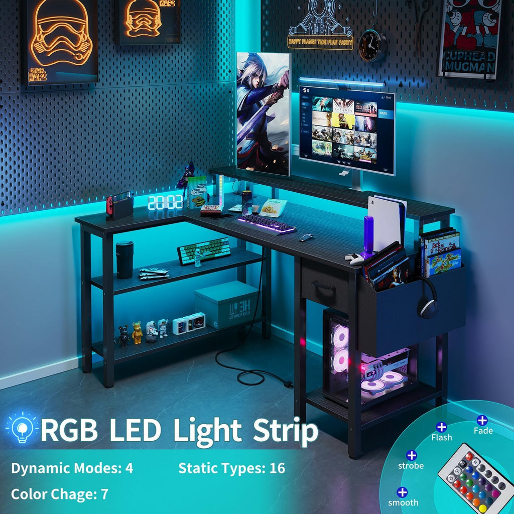 L Shaped Gaming Desk with Storage Shelves, 47 inch Black Y706518