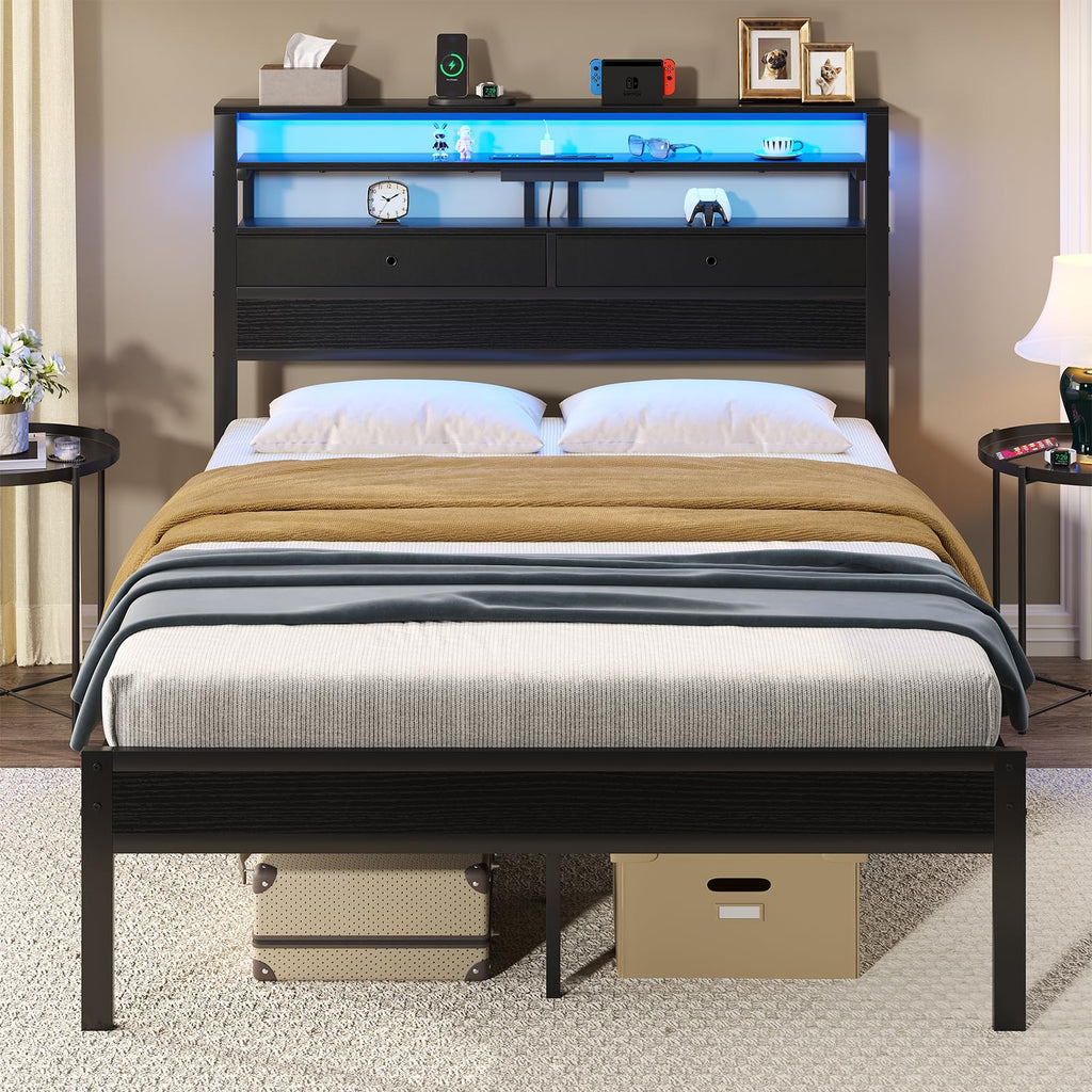 Queen Bed Frame with LED Lights and Charging Station J57703