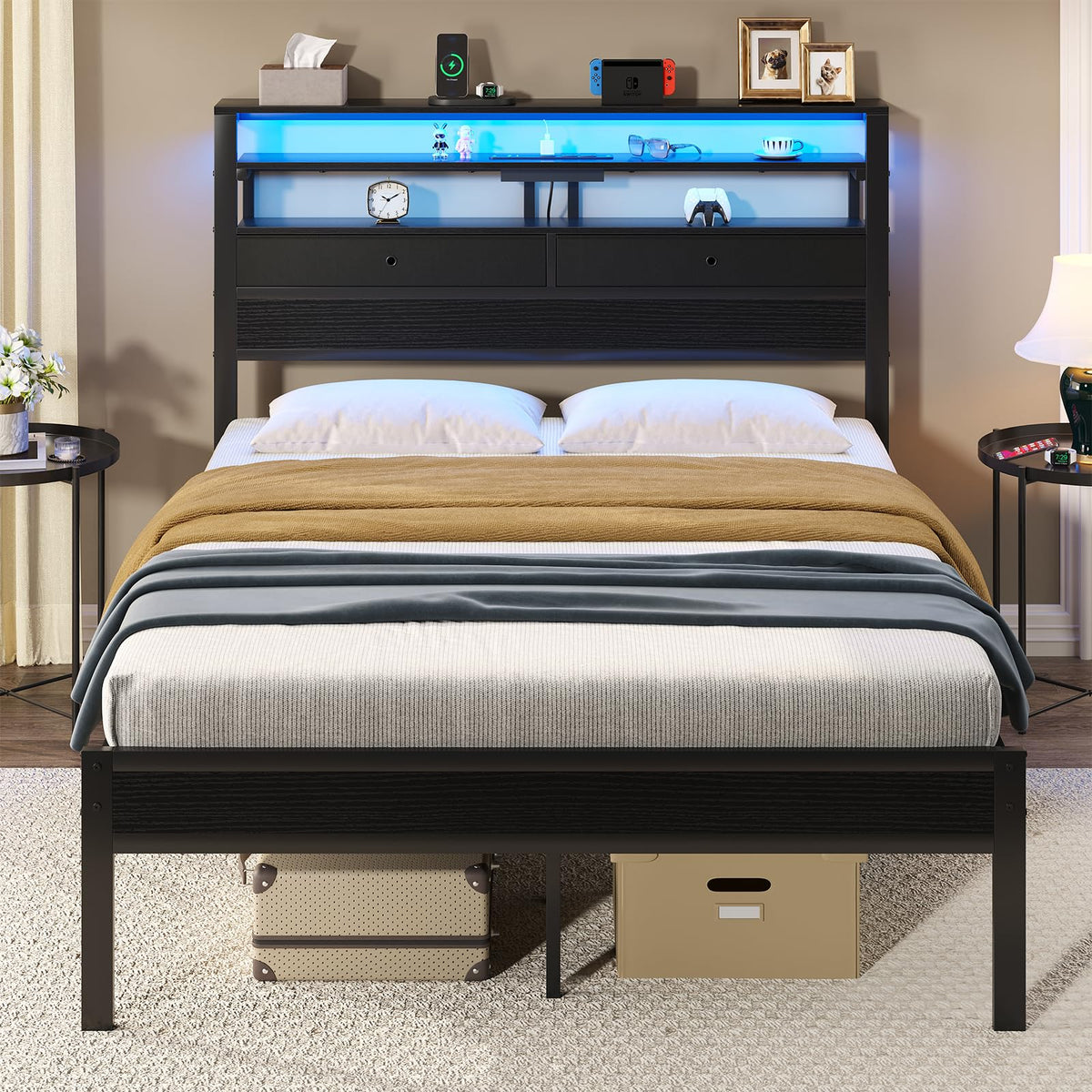 Queen Bed Frame with LED Lights and Charging Station J57703