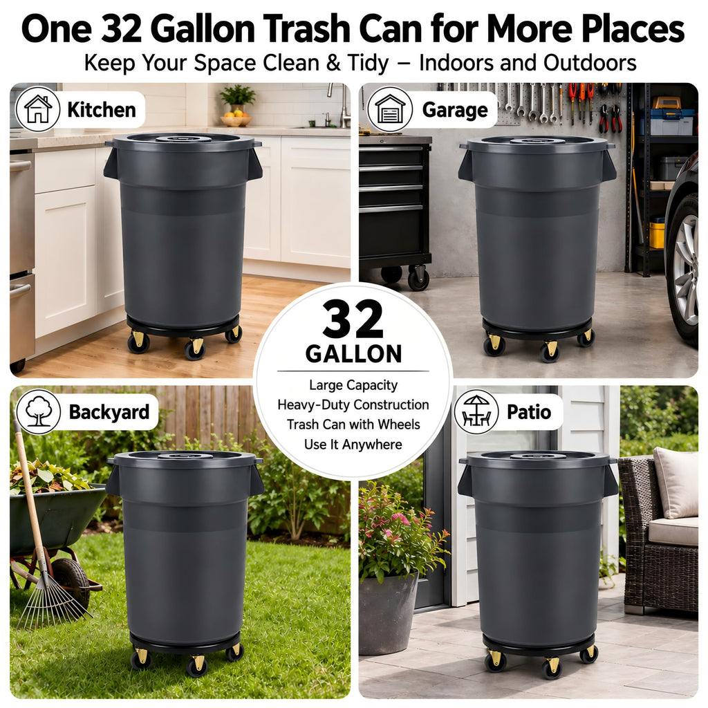 32 Gallon Trash Can with Wheels and Lid, 2 Pack J908