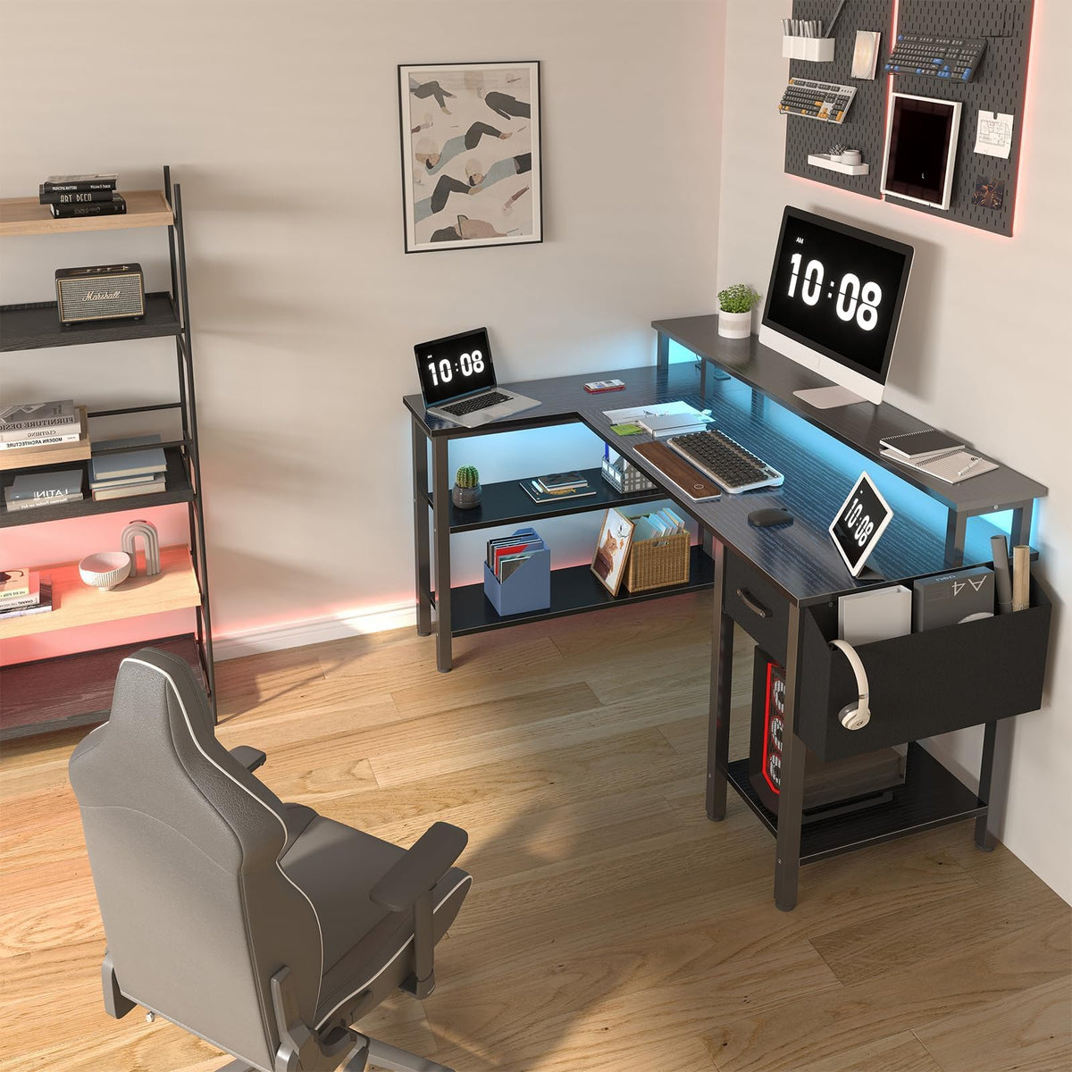 L Shaped Gaming Desk with Storage Shelves, 47 inch Black Y706518