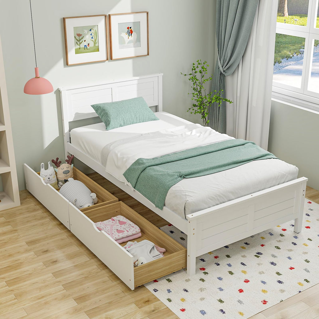 White Wood Twin Bed with 2 Storage Drawers G726