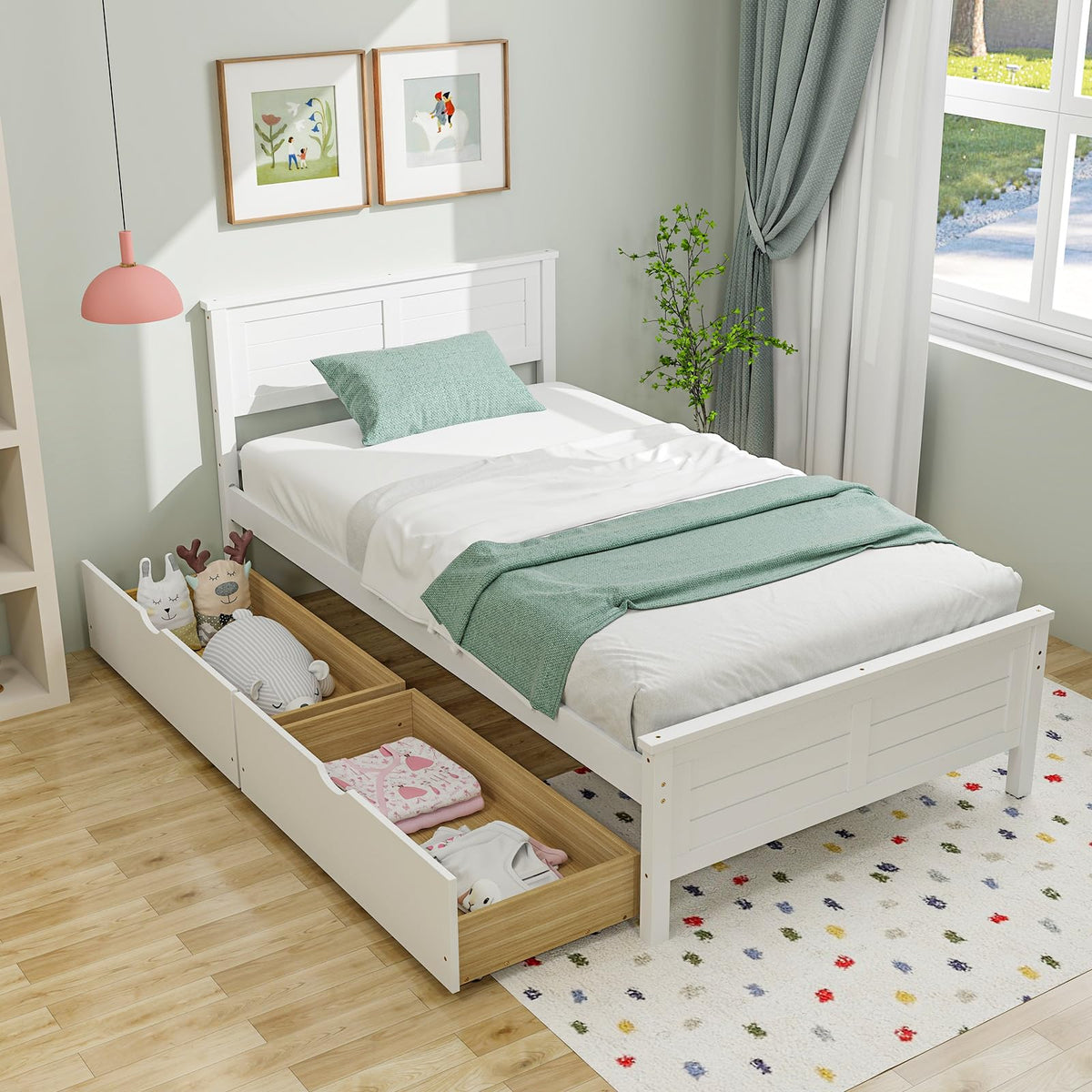 White Wood Twin Bed with 2 Storage Drawers G726