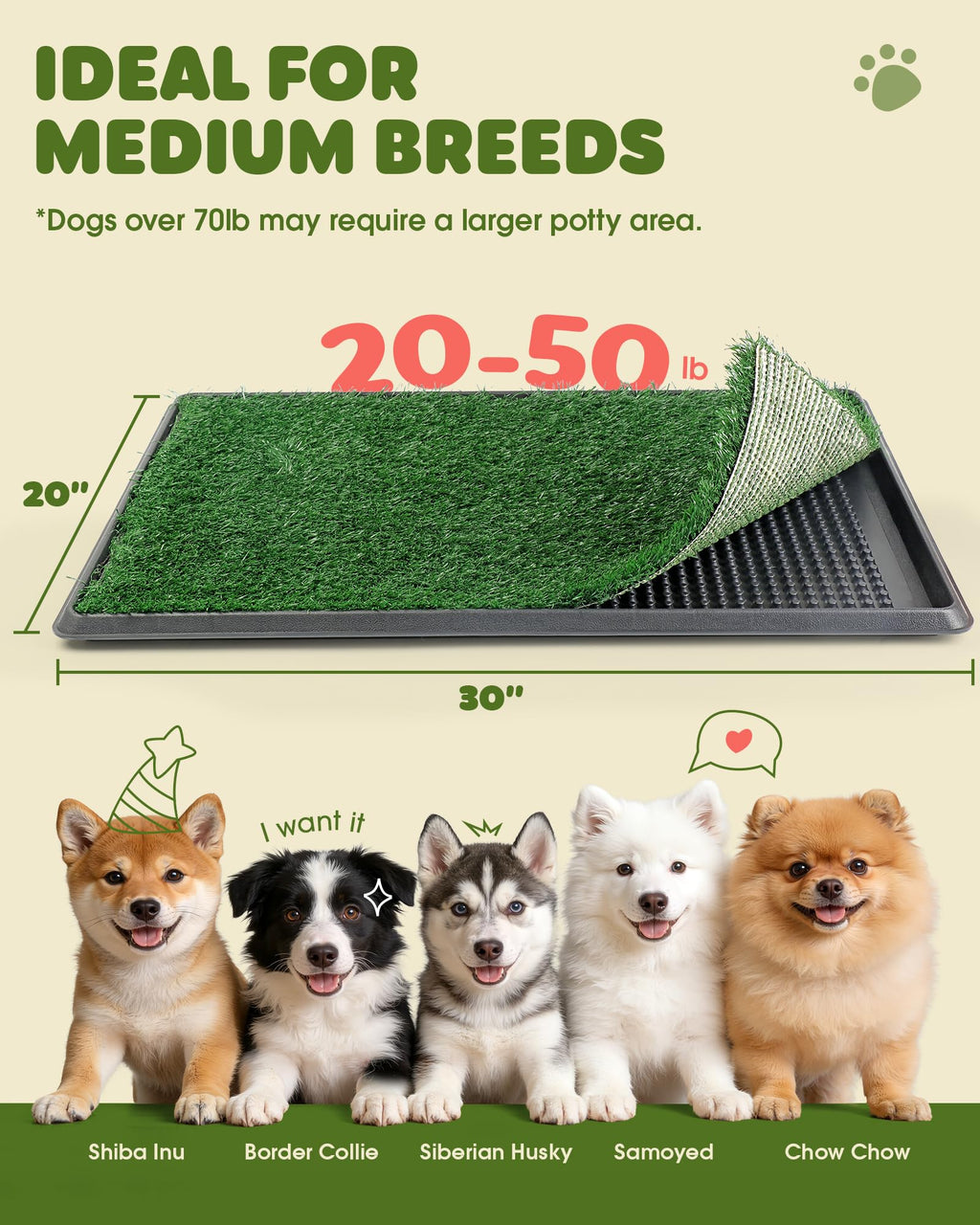 Grass Pad for Dogs Potty, 3-Layer Reusable, Washable, 30 x 20 in T8239