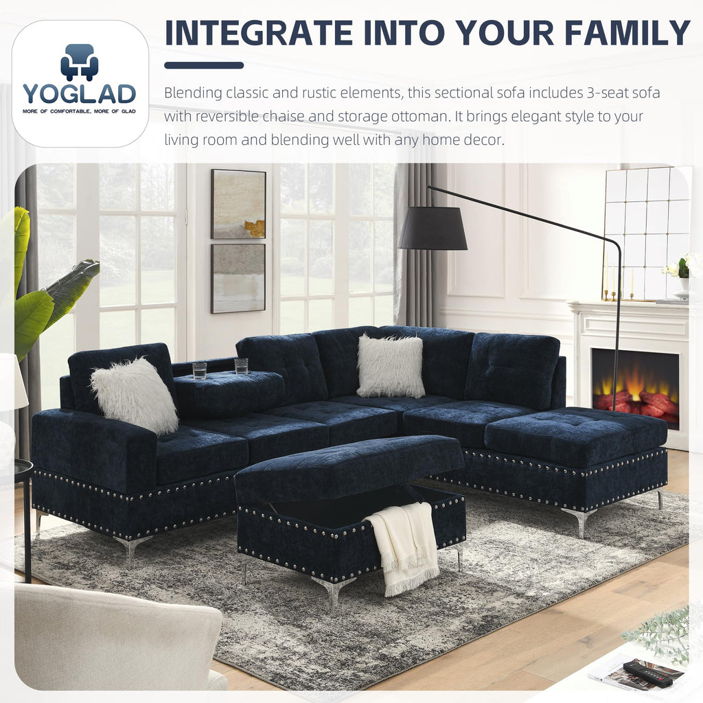 108'' Chenille Navy Blue L-Shaped Sectional Sofa with Storage Ottoman Z80271