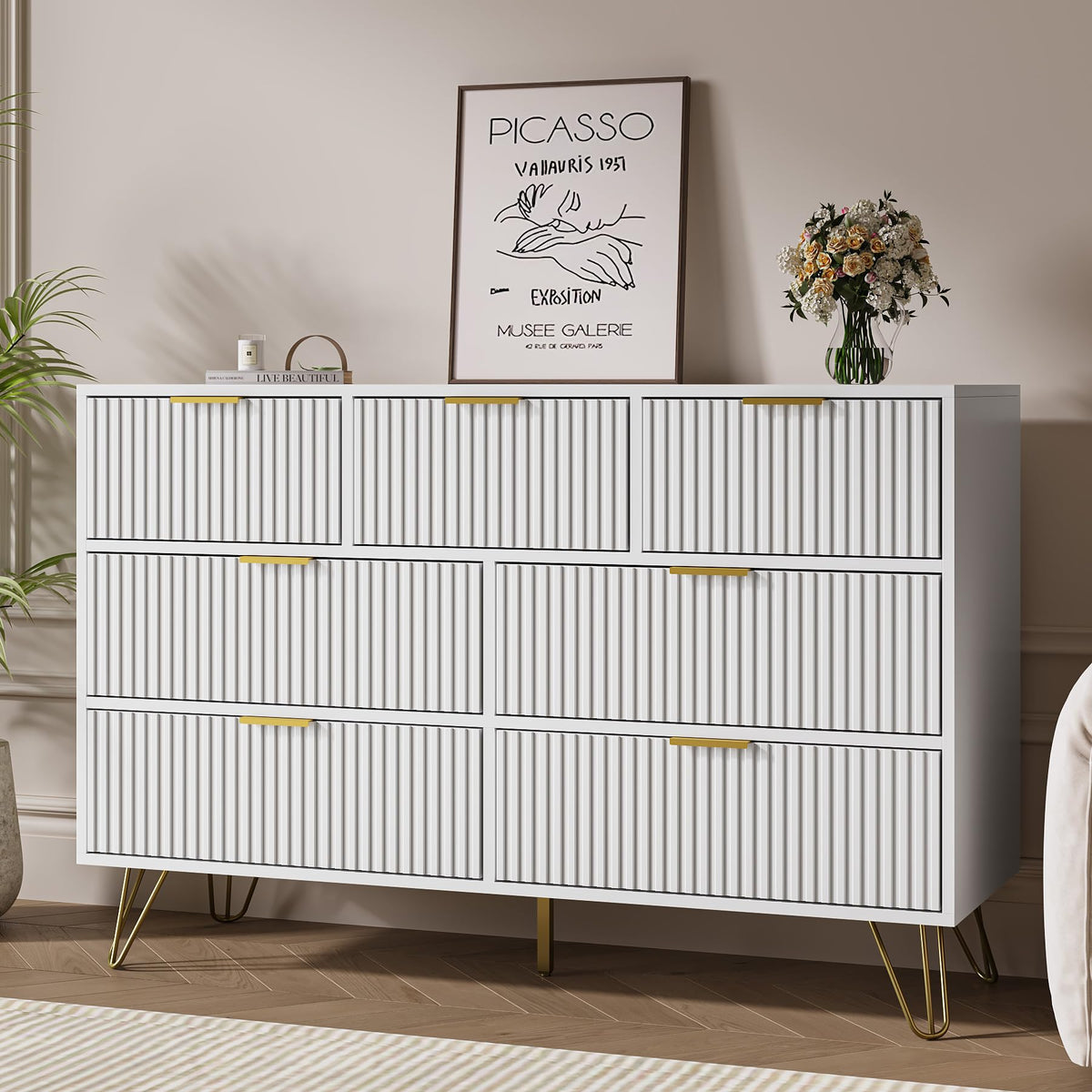 White 7 Drawer Fluted Dresser S409