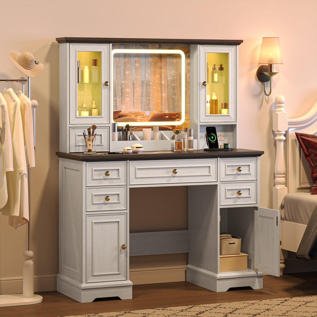White Makeup Vanity Desk with Mirror and LED Lights R656
