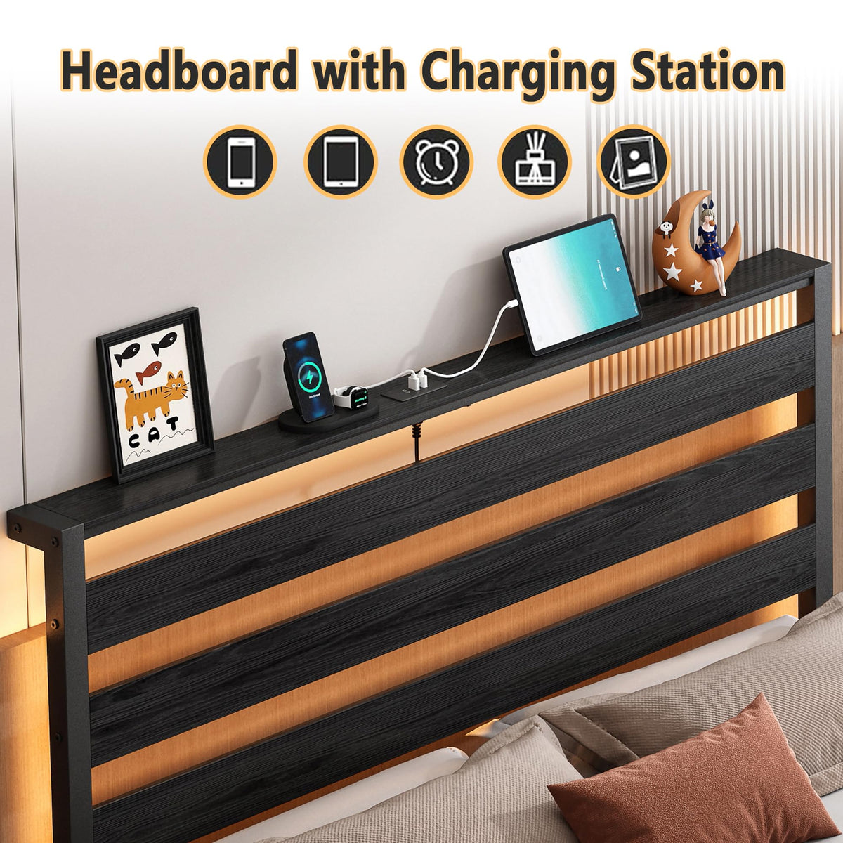 14 Inch Metal Platform Bed Frame with Headboard and USB Charging Station M167578