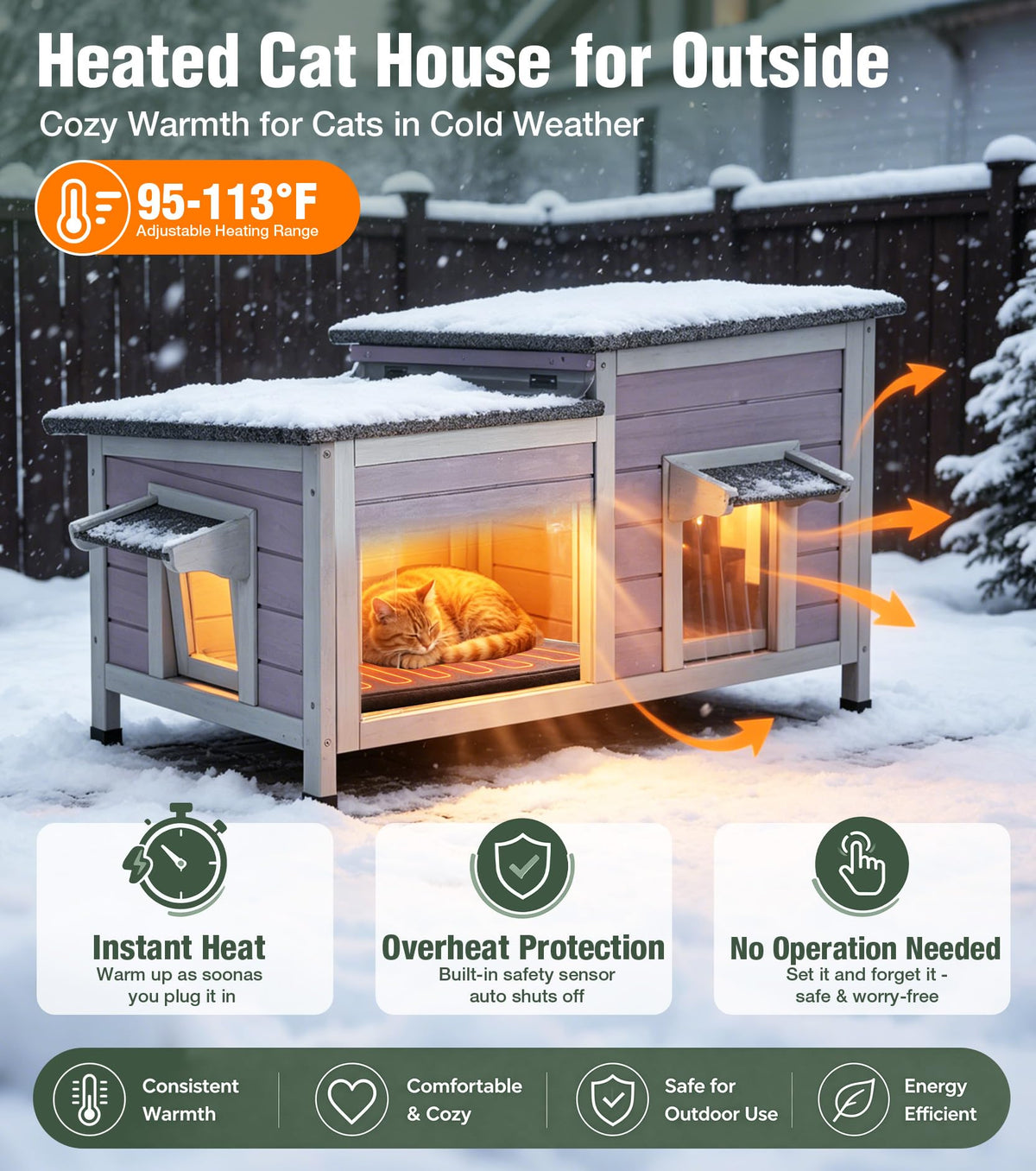 Large 2-Room Weatherproof Heated Cat House D6275