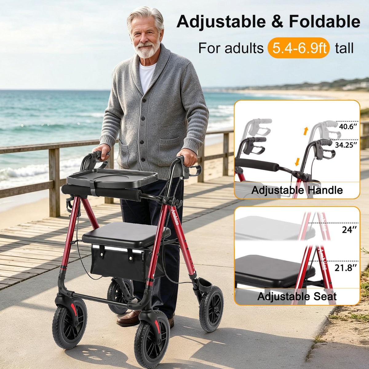 Foldable Rollator Walker with Seat & Tray T4820