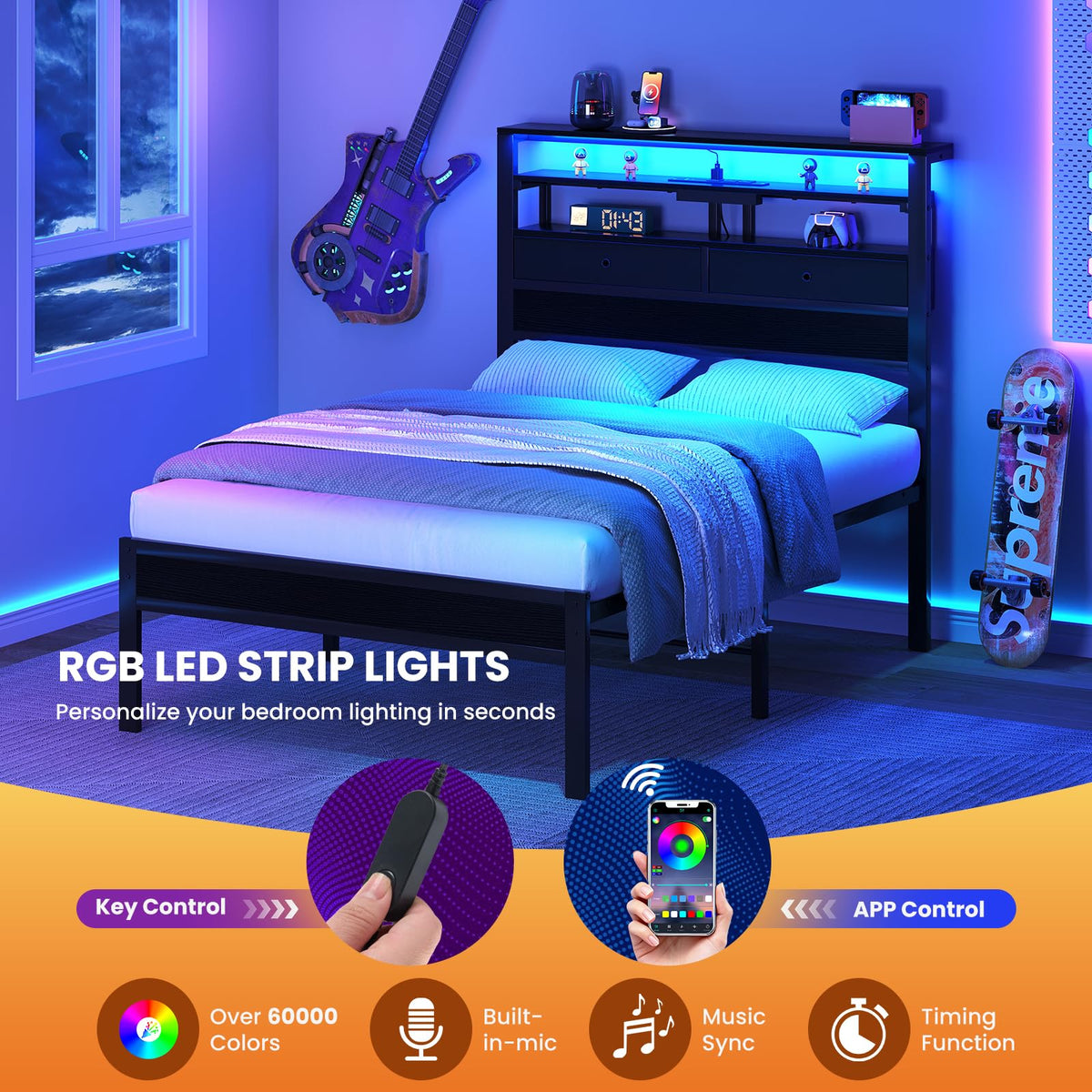 Queen Bed Frame with LED Lights and Charging Station J57703