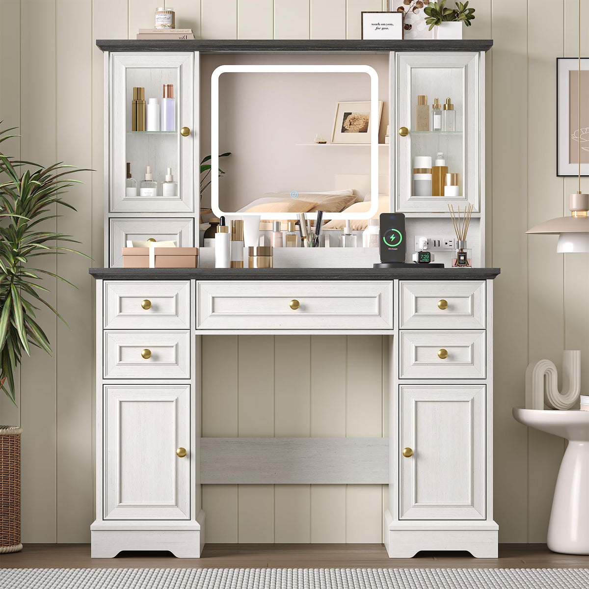 White Makeup Vanity Desk with Mirror and LED Lights R656
