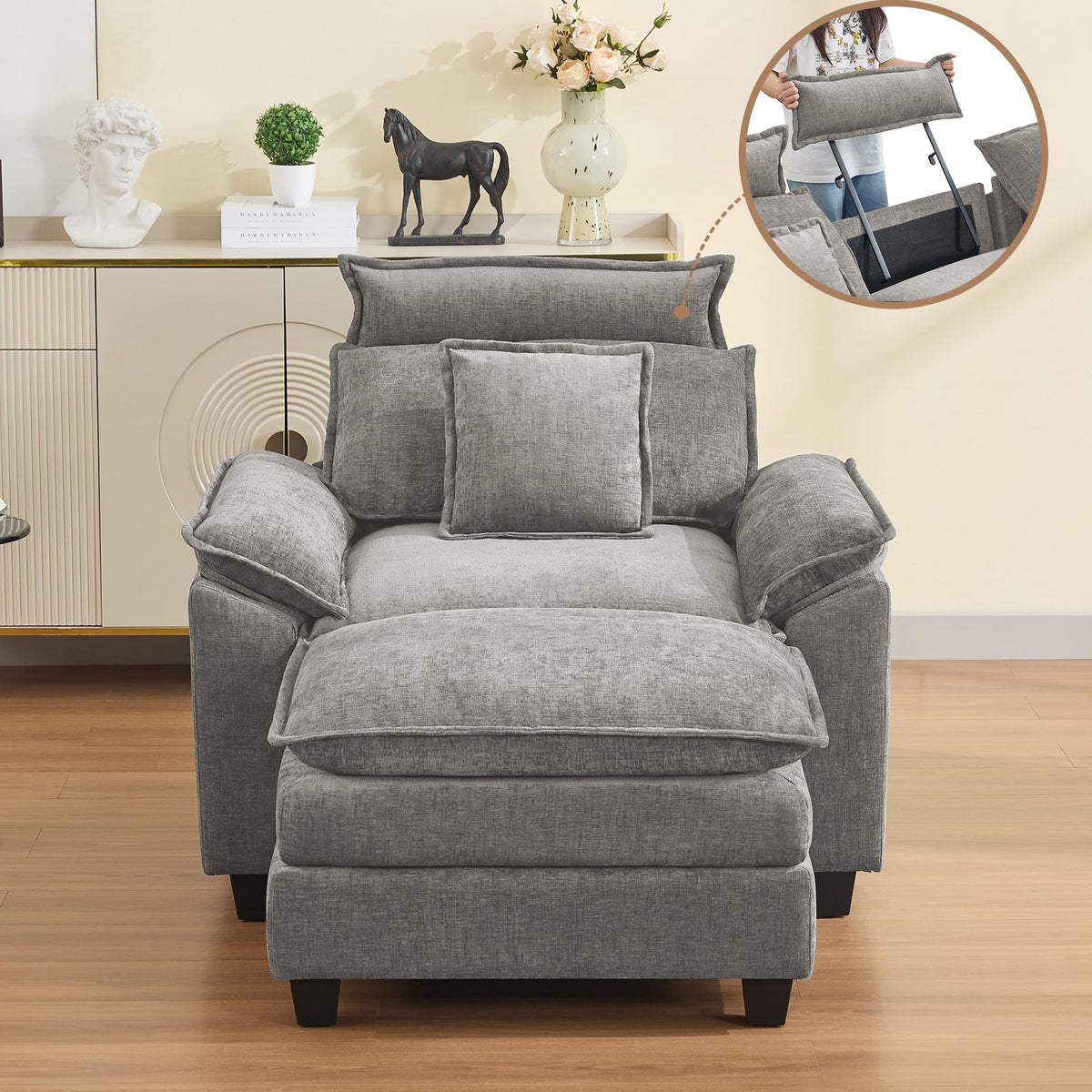 Oversized Chenille Sofa Chair with Ottoman A53466