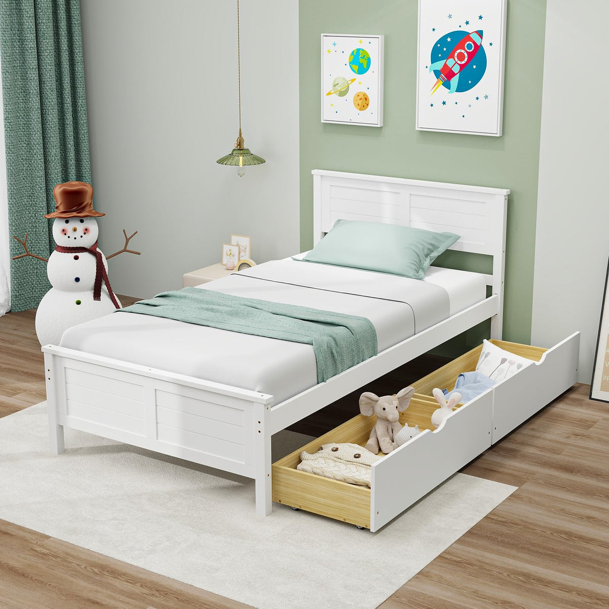 White Wood Twin Bed with 2 Storage Drawers G726