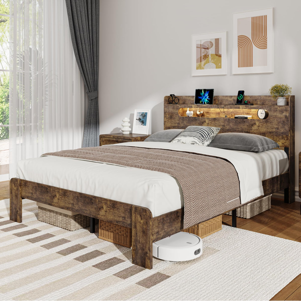Queen Size Wood Bed Frame with Storage Headboard S994558