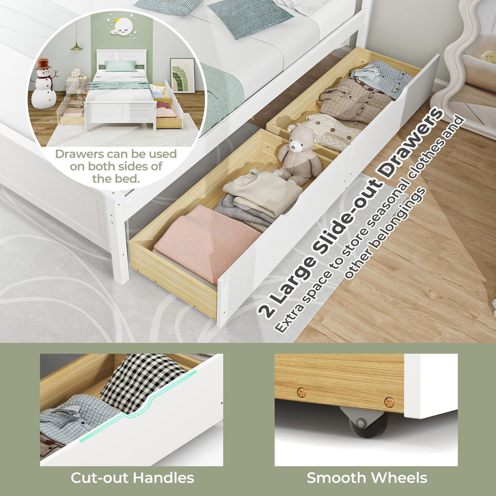 White Wood Twin Bed with 2 Storage Drawers G726