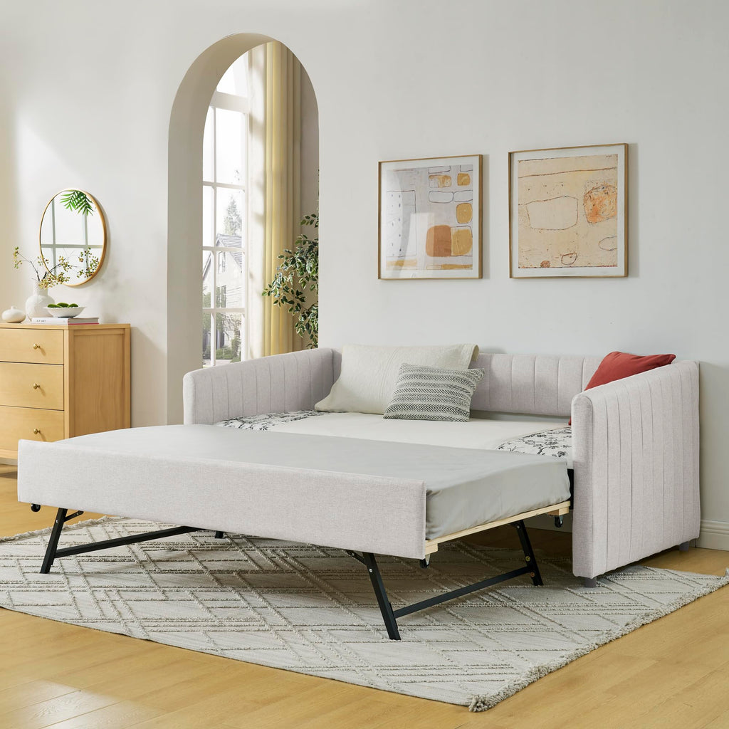 Beige Linen Twin Size Upholstered Daybed with Trundle and Headboard Z788