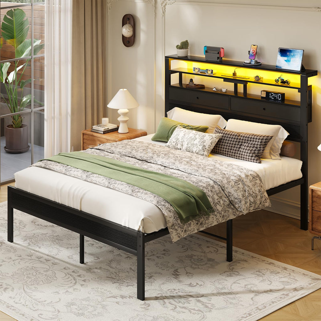 Queen Bed Frame with LED Lights and Charging Station J57703