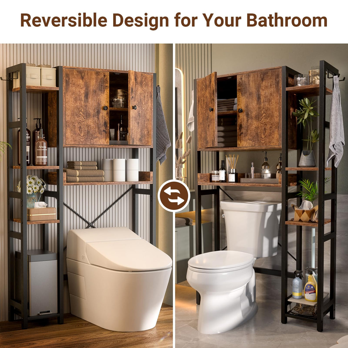 Over The Toilet Storage Cabinet with Doors, 7 Tier Bathroom Organizer with Adjustable Shelf J23970