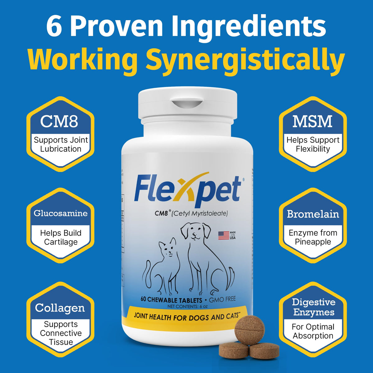 Hip & Joint Supplement for Dogs & Cats with Glucosamine, Collagen, MSM - 60 Tablets P80523