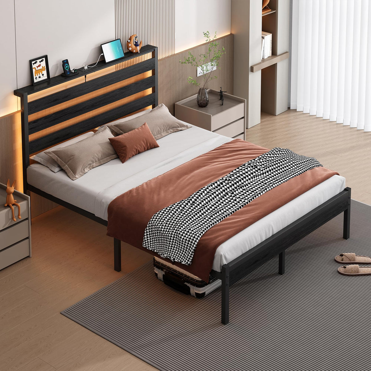 14 Inch Metal Platform Bed Frame with Headboard and USB Charging Station M167578