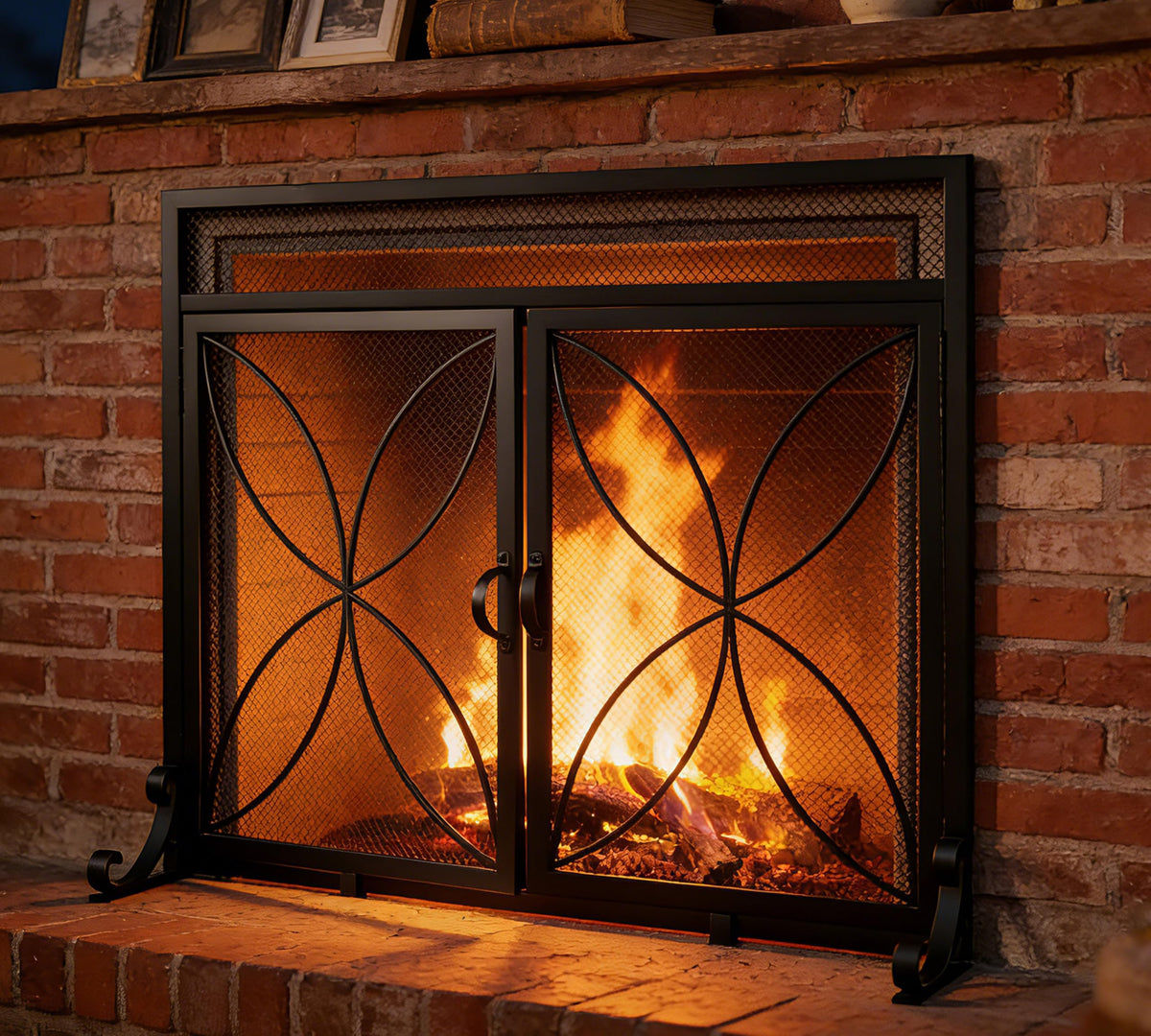 Magnetic Double Door Black Wrought Iron Fireplace Screen H9276